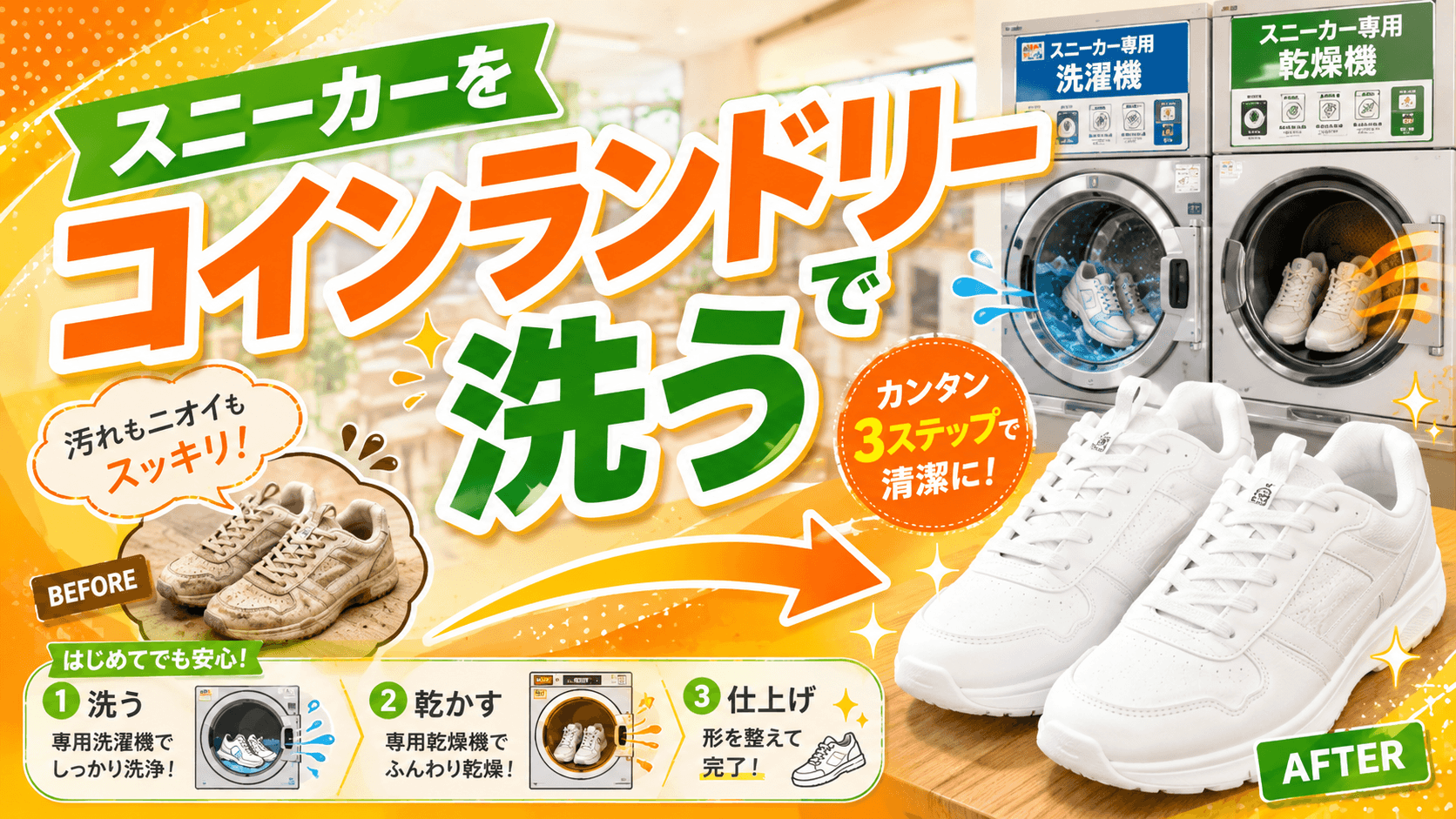 スニーカーを洗えるコインランドリーの使い方